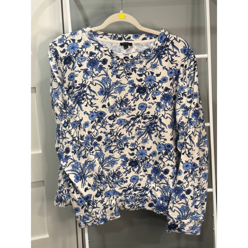 Talbots Womens XL Blue White Floral French Terry Cotton Sweatshirt Top Delftware